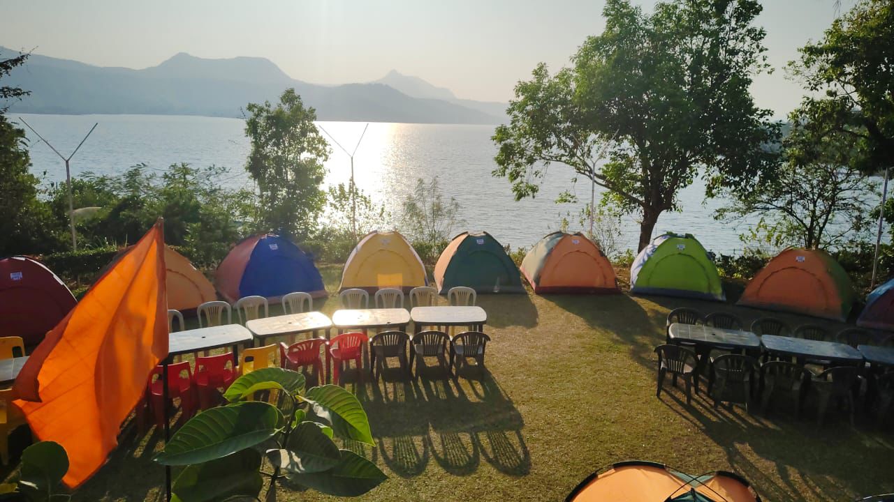 Top view of the tents and lake from the machan