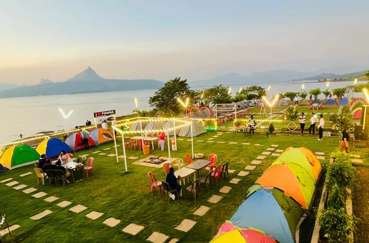Aerial view of colourful tents at Pawna Machi tent camping